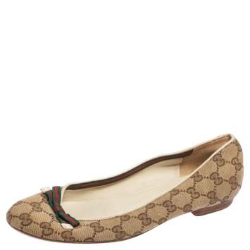 مملوكة مسبقًا Gucci Beige/Brown GG Canvas Web Bow Ballet Flats Size 39