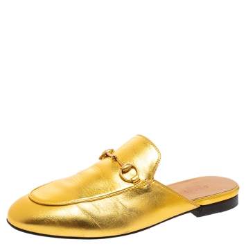 Pre Owned Gucci Gold Leather Princetown Horsebit Loafers Size 38