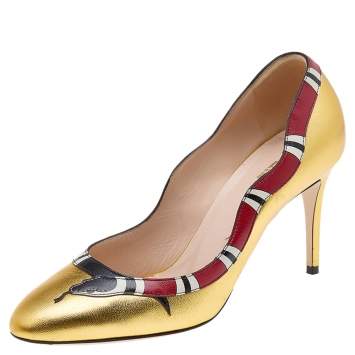 Pre Owned Gucci Gold Leather Yoko Snake High Heel Pumps Size 37.5