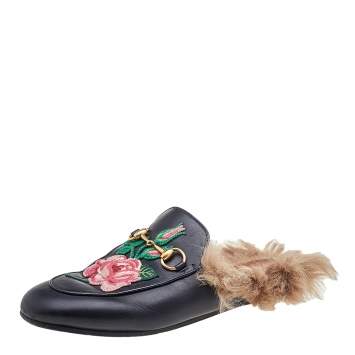 Pre Owned Gucci Black Floral Embroidered Leather And Fur Lined Princetown Horsebit Flat Mules Size 36