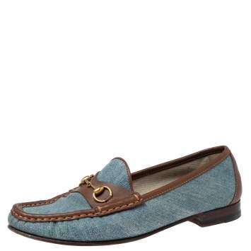 Pre Owned Gucci Blue/Brown Denim and Leather Horsebit Loafers Size 38.5