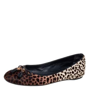 Pre Owned Gucci Brown/Beige Leopard Print Calf Hair Bamboo Bow Ballet Flats Size 37