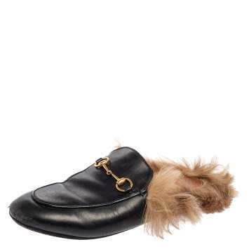 مملوكة مسبقًا Gucci Black Leather Horsebit Princetown Horsebit Flat Mules Size 38