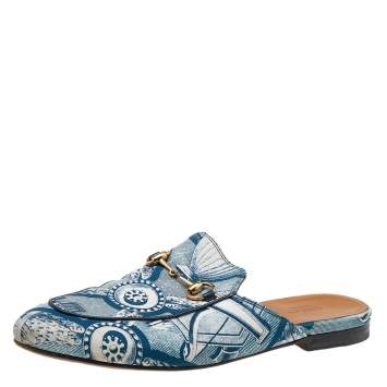 Pre Owned Gucci Blue Printed Satin Princetown Horsebit Flat Mules Size 38.5