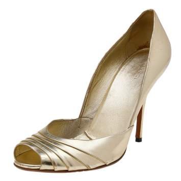 Pre Owned Gucci Metallic Gold Leather Peep Toe Pumps Size 41