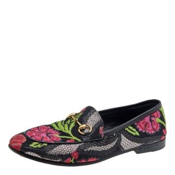 Pre Owned Gucci Multicolor Floral Embroidered Brocade Fabric Jordaan Horsebit Slip On Loafers Size 36