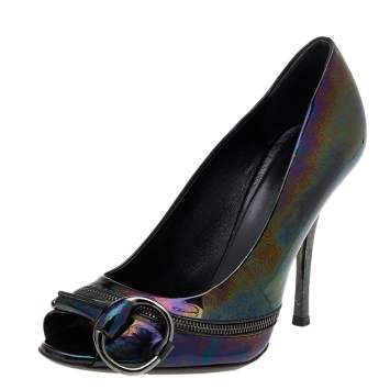 Pre Owned Gucci Multicolor Iridescent Patent Leather Horsebit Peep Toe Pumps Size 37.5