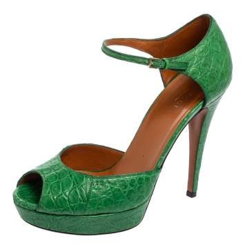 Pre Owned Gucci Green Crocodile  Peep Toe  Platform Ankle Strap Pumps Size Size 38
