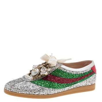 Pre Owned Gucci Silver Glitter Web Falacer Low Top Sneakers Size 37