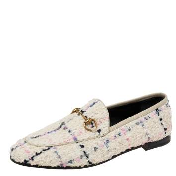 Pre Owned Gucci Off-White Tweed Horsebit Jordaan Loafers Size 38.5