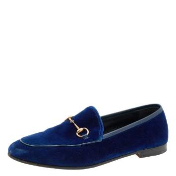 Pre Owned Gucci Blue Velvet Horsebit Slip On Jordaan Loafers Size 39