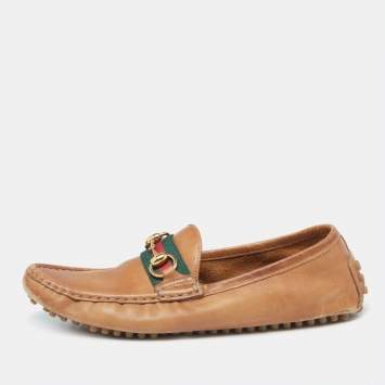 Pre Owned Gucci Tan Leather Web Horsebit Loafers Size 39