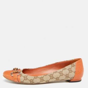 Pre Owned Gucci Beige/Orange GG Canvas And Leather Horsebit Ballet Flats Size 39.5