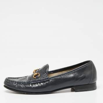 Pre Owned Gucci Dark Grey Patent Leather Horsebit Loafers Size 39