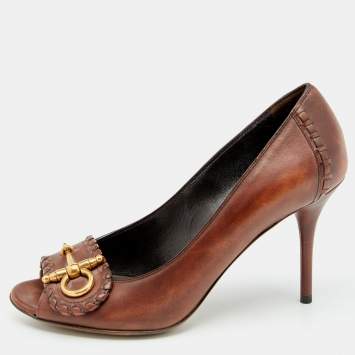Pre Owned Gucci Brown Leather Horsebit Peep Toe Pumps Size 38