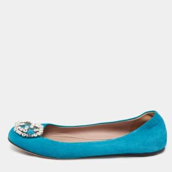 Pre Owned Gucci Blue Suede Crystal GG Ballet Flats Size 37.5
