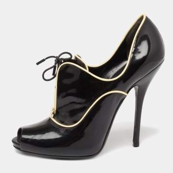 Pre Owned Gucci Black Patent Leather Newton Peep-Toe Ankle Booties Size 39.5