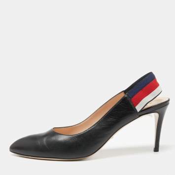 Pre Owned Gucci Black Leather Web Sylvie Slingback Pumps Size 41.5