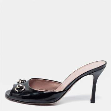 Pre Owned Gucci Black Patent Leather  Horsebit Slide Sandals Size 36
