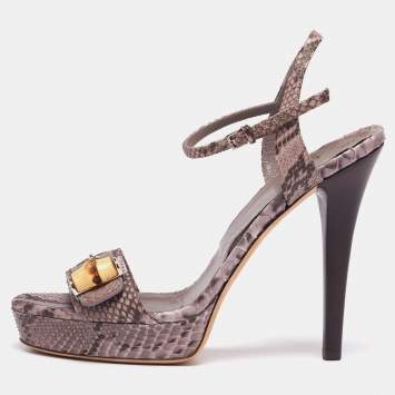 Pre Owned Gucci Purple/Brown Python Leather Bamboo Ankle Straps Platform Sandals Size 37