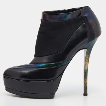 Pre Owned Gucci Black Holographic Leather And Suede Platform Ankle Length Boots Size 37