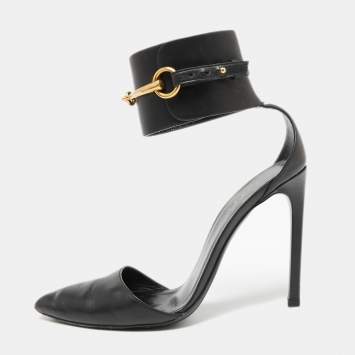 Pre Owned Gucci Black  Leather Horsebit Ankle Strap Sandals  Size 37.5
