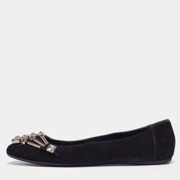 Pre Owned Gucci Black Suede Crystal Embellished Ballet Flats Size 39 