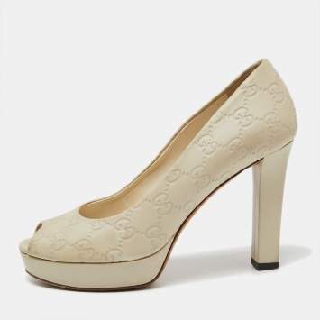 Pre Owned Gucci Off White Guccissima Leather Peep Toe Platform Pumps Size 37.5