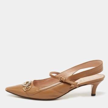 Pre Owned Gucci Brown Leather Interlocking G Horsebit Zumi Slingback Pumps Size 36.5