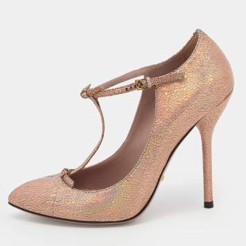 Pre Owned Gucci Metallic Holographic Crackled Leather Beverly T-Strap Pumps Size 37