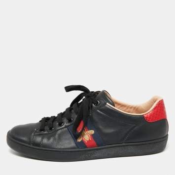 Pre Owned Gucci Black Leather And Python Embossed Leather  Web Ace  Sneakers  Size 39