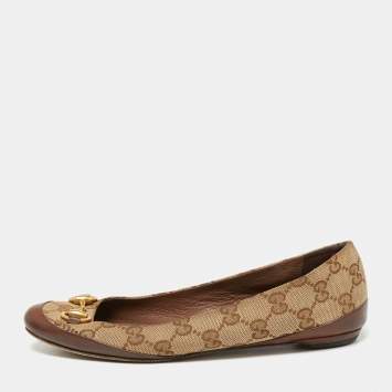 Pre Owned Gucci Brown/Beige GG Canvas And Leather Horsebit Ballet Flats Size 36