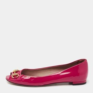 Pre Owned Gucci Pink Patent Leather Horsebit Open Toe Ballet Flats Size 36