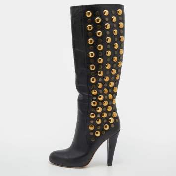 Pre Owned Gucci Black Leather Babouska Studded Mid Calf Length Boots Size 36