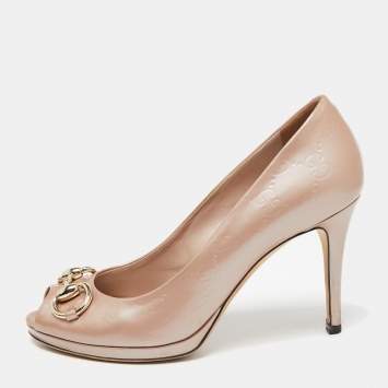 Pre Owned Gucci Pink Guccissima Patent Leather New Hollywood Horsebit Peep-Toe Pumps Size 36