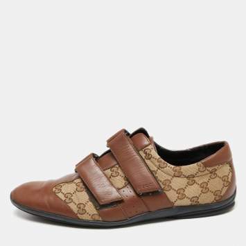 Pre Owned Gucci Brown/Beige Leather And GG Canvas Velcro Sneakers Size 45