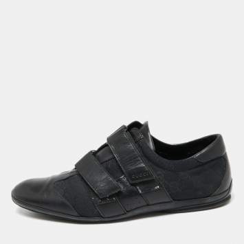 Pre Owned Gucci Black GG Canvas and Leather Double Velcro Strap Low Top Sneakers Size 44 