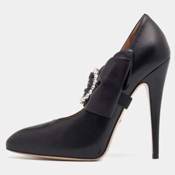 Pre Owned Gucci Black Leather Elaisa Removable Crystal Embellished Bow Strap Pumps Size 37