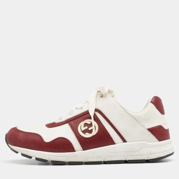 Pre Owned Gucci Red/White Leather Interlocking G Low Top Sneakers Size 37.5