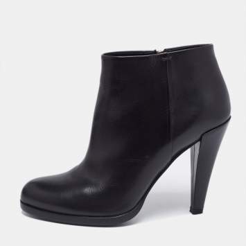 Pre Owned Gucci Black Leather Block Heel Ankle Boots Size 38.5