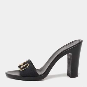 Pre Owned Gucci Black GG Canvas Horsebit Block Heel Slide Sandals Size 39