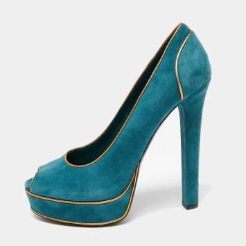 Pre Owned Gucci Teal Green Suede And Gold Leather Piping Detail Peep Toe Platform Pumps Size 39
