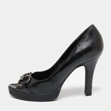 Pre Owned Gucci Black Patent Leather Horsebit Peep Toe Platform Pumps Size 35.5