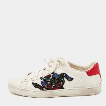 Pre Owned Gucci White Leather Embellished Snake Ace Low-Top Sneakers Size 37