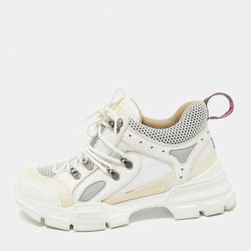 Pre Owned Gucci White/Cream Mesh and Leather Flashtrek Sneakers Size 38.5