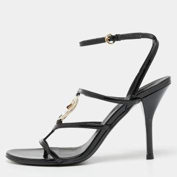 Pre Owned Gucci Black Patent Leather Interlocking G Ankle-Strap Sandals Size 38