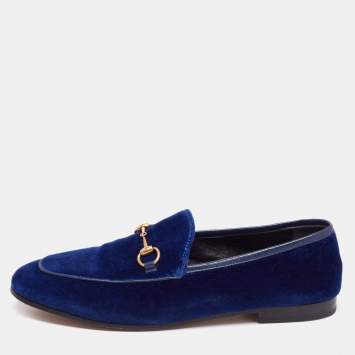 Pre Owned Gucci Blue Velvet Horsebit Jordaan Loafers Size 39.5