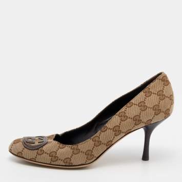 Pre Owned Gucci Beige/Brown GG Canvas Interlocking G Pumps Size 38