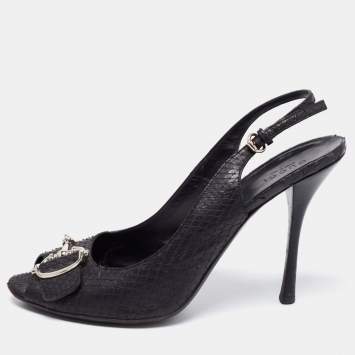 Pre Owned Gucci Black Python Leather Icon Bit Peep-Toe Slingback Sandals Size 39.5