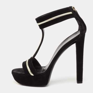 Pre Owned Gucci Black Suede And Leather T-Strap Platform Ankle Strap Sandals Size 38.5